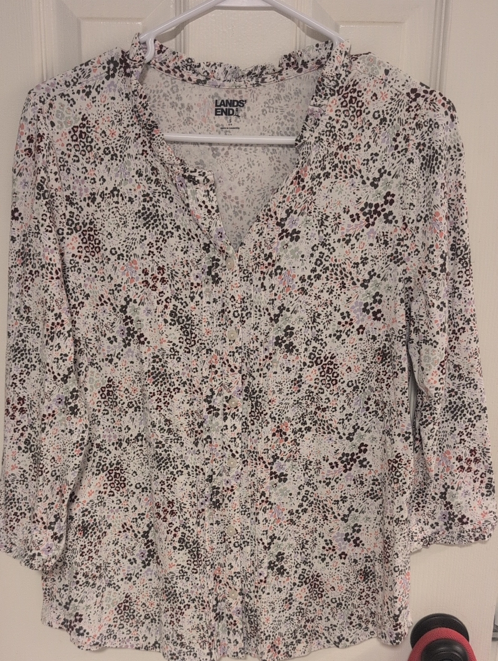 Lands' End Women's White Floral & Speckle Button-Front Blouse